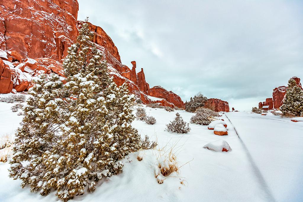 A snowy perspective along the way to Park Avenue Overlook, Arches National Park / Rebecca Latson