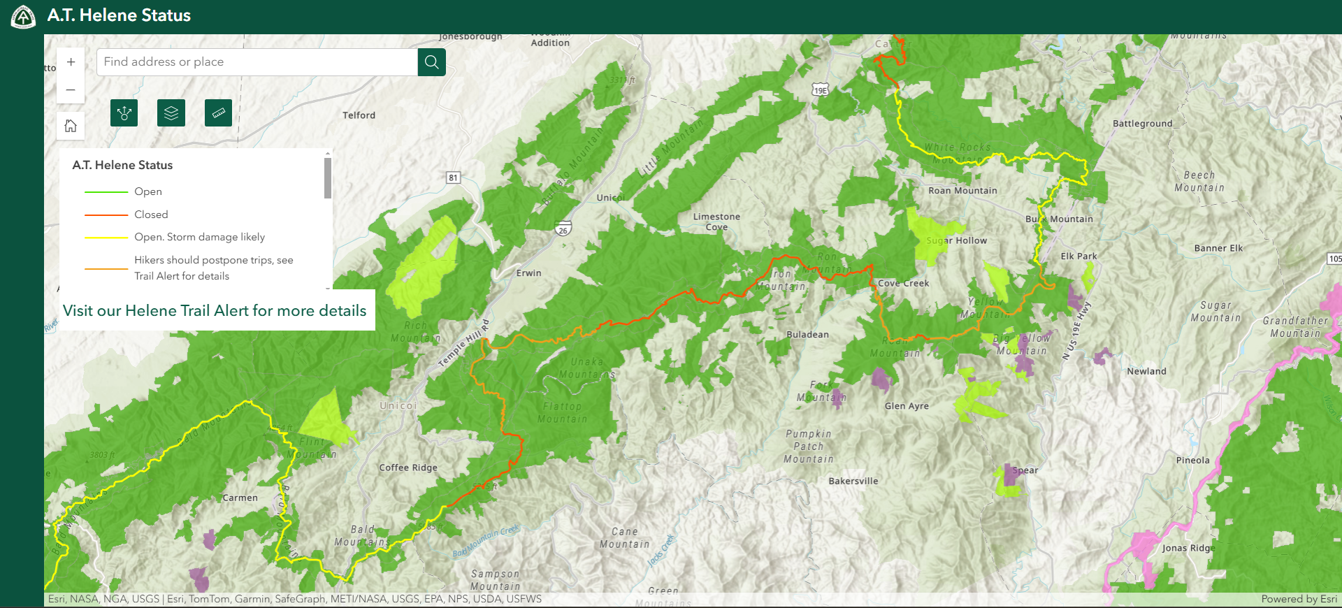 A map of Appalachian Trail closures as of December 21, 2024