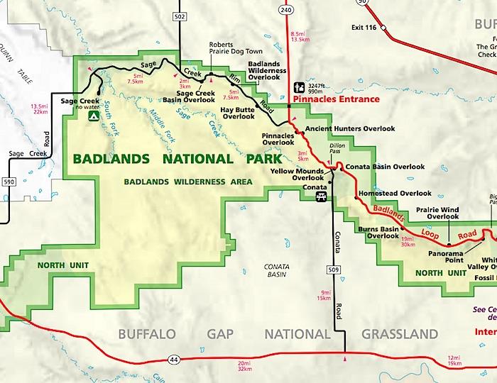 Map of Sage Creek Wilderness Area in Badlands National Park