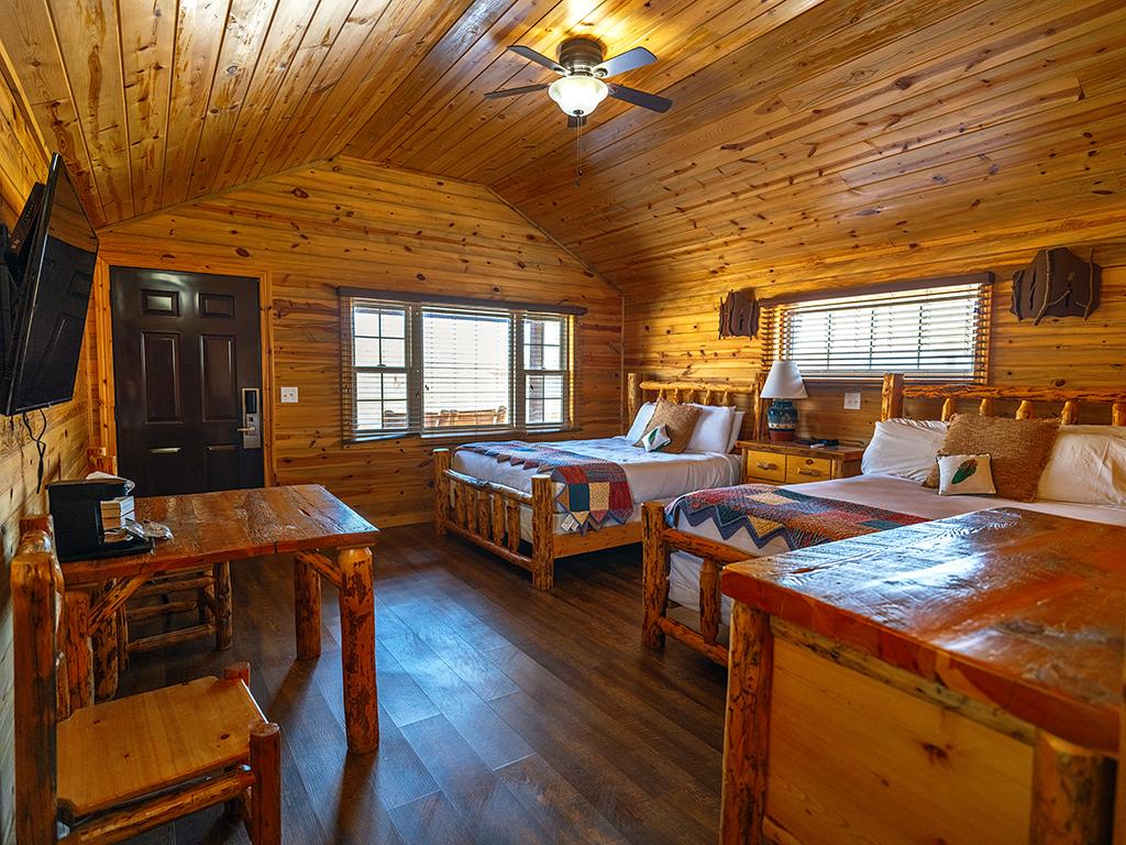 Interior cabin view looking from the front door to the back, Badlands National Park / Rebecca Latson Interior cabin view looking from the front door to the back, Badlands National Park / Rebecca Latson