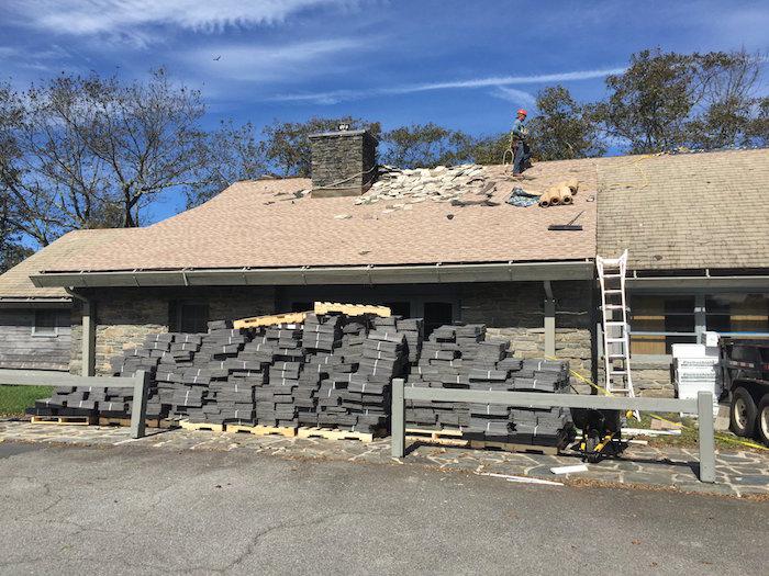 While the roof is being installed, much more work needs to be done before the coffee shop can reopen/Blue Ridge Parkway Foundation While the roof is being installed, much more work needs to be done before the coffee shop can reopen/Blue Ridge Parkway Foundation