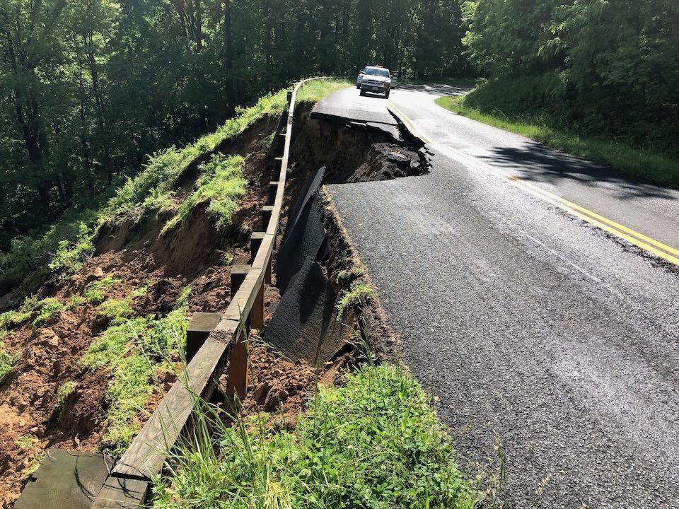 Road way failure near Parkway Milepost 128/NPS