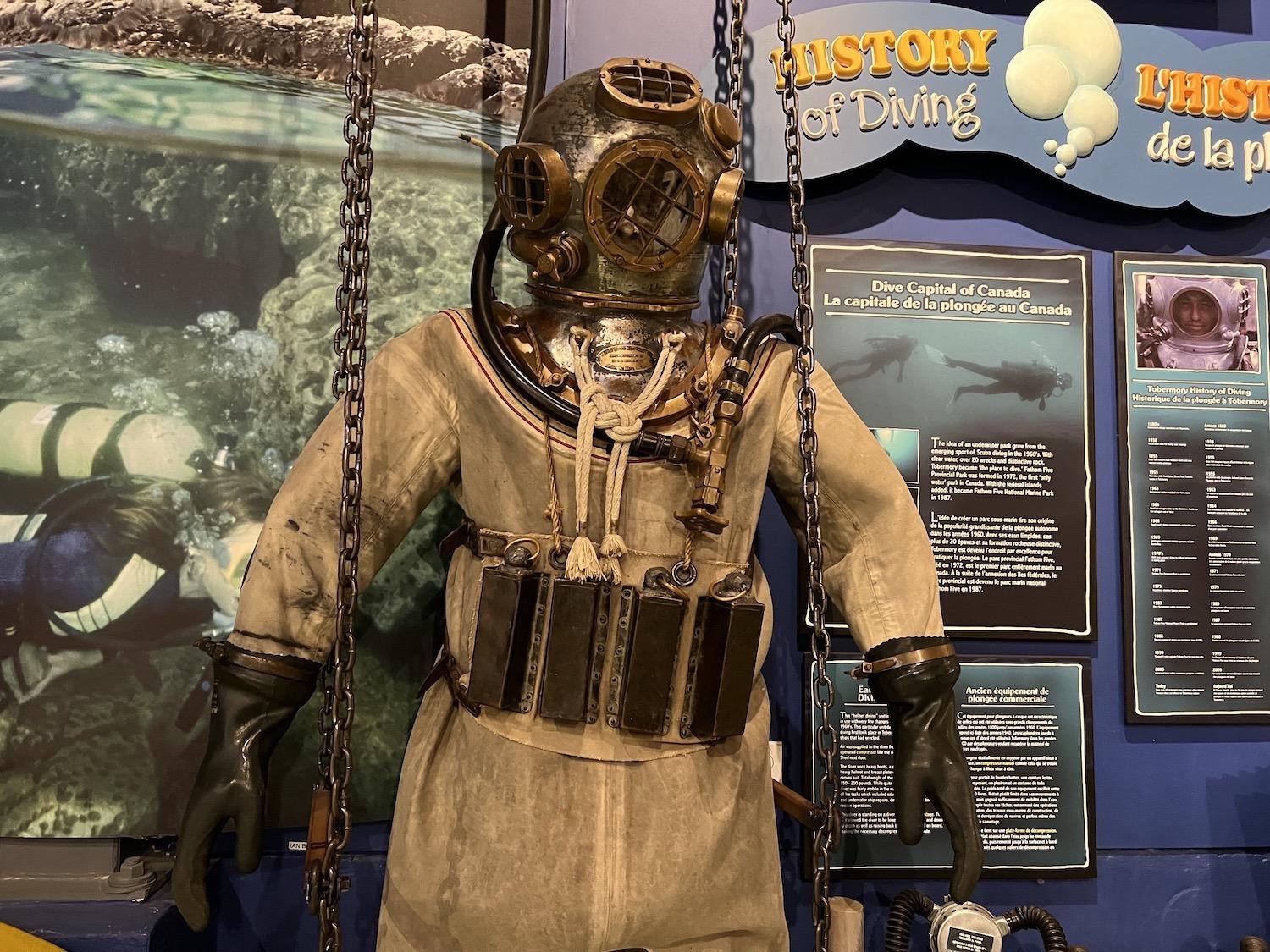 Tobermory has long attracted divers and vintage gear is on display at the Parks Canada visitor center for Bruce Peninsula National Park and Fathom Five National Marine Park.