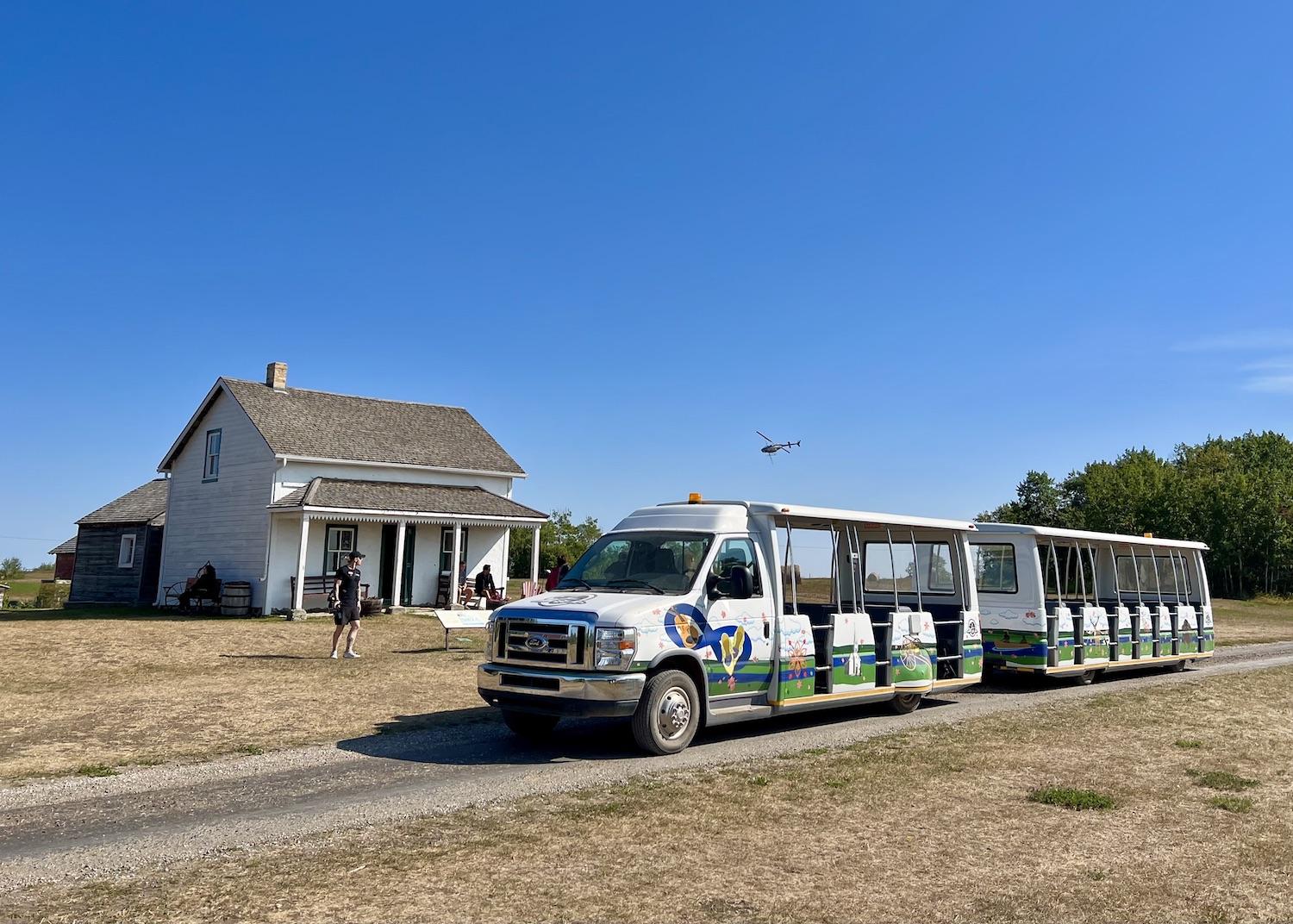 A free shuttle ferries visitors around Batoche National Historic Site.