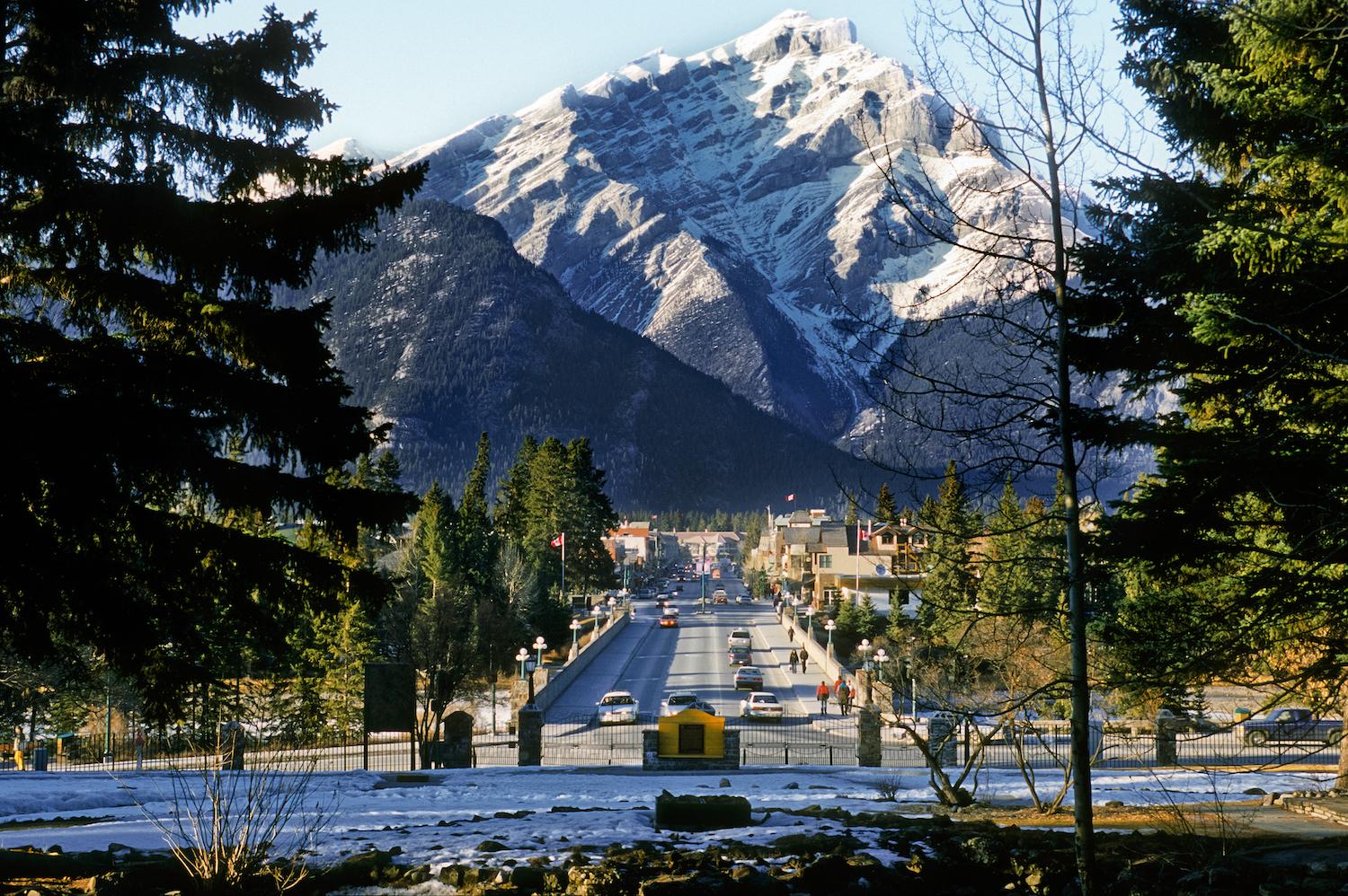 Banff Avenue in the town of Banff is shown in front of Banff National Park's Cascade Mountain.