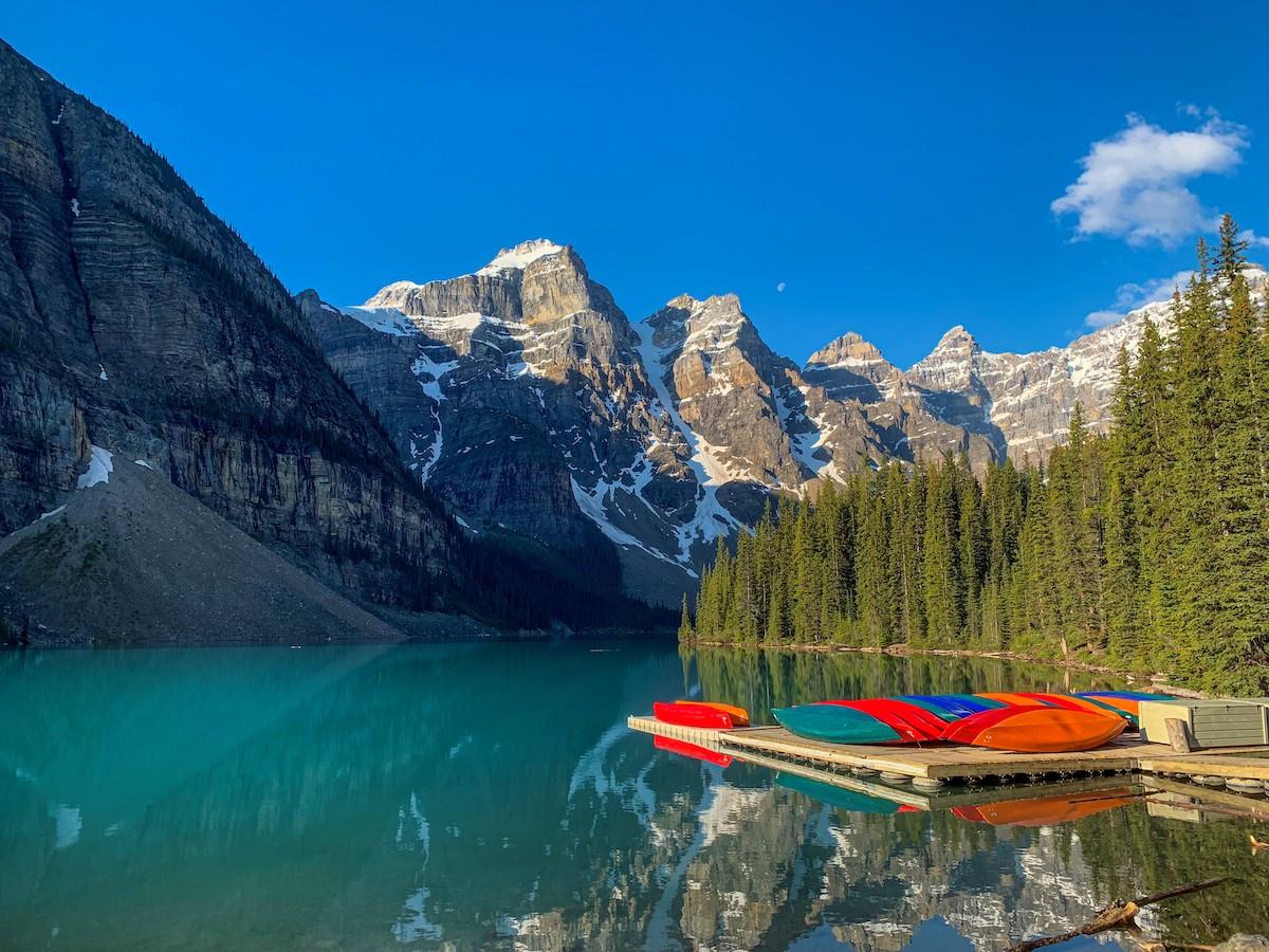 Moraine Lake is in Banff National Park in Alberta, one of Canada's iconic mountain parks.