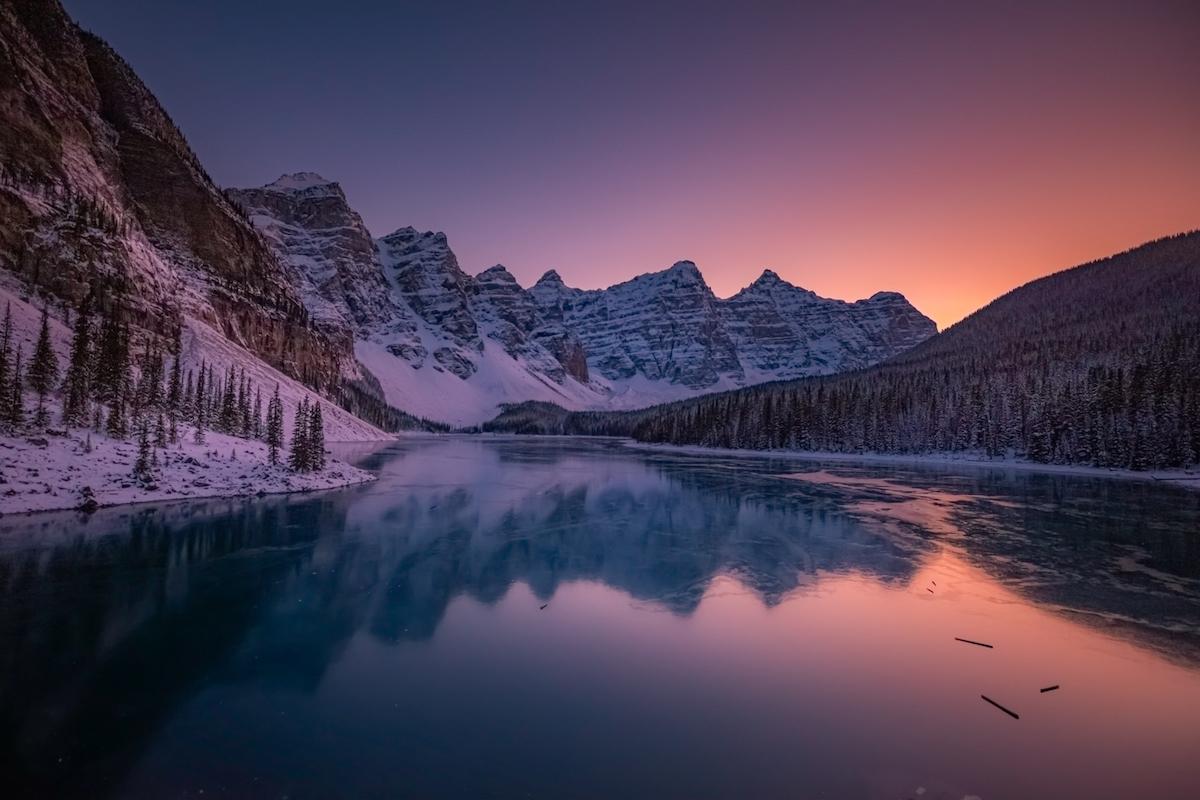 The sun sets on Moraine Lake's wild ice.