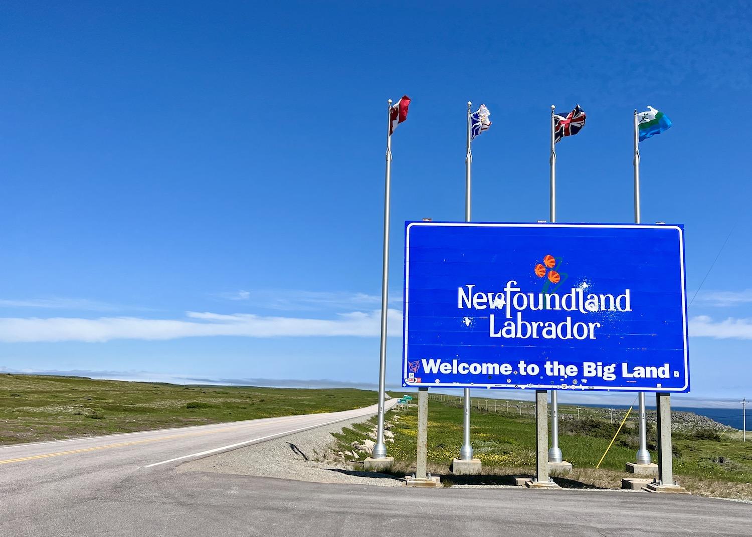 The provincial border sign for Newfoundland and Labrador is near the ferry terminal in Blanc Sablon, Quebec.
