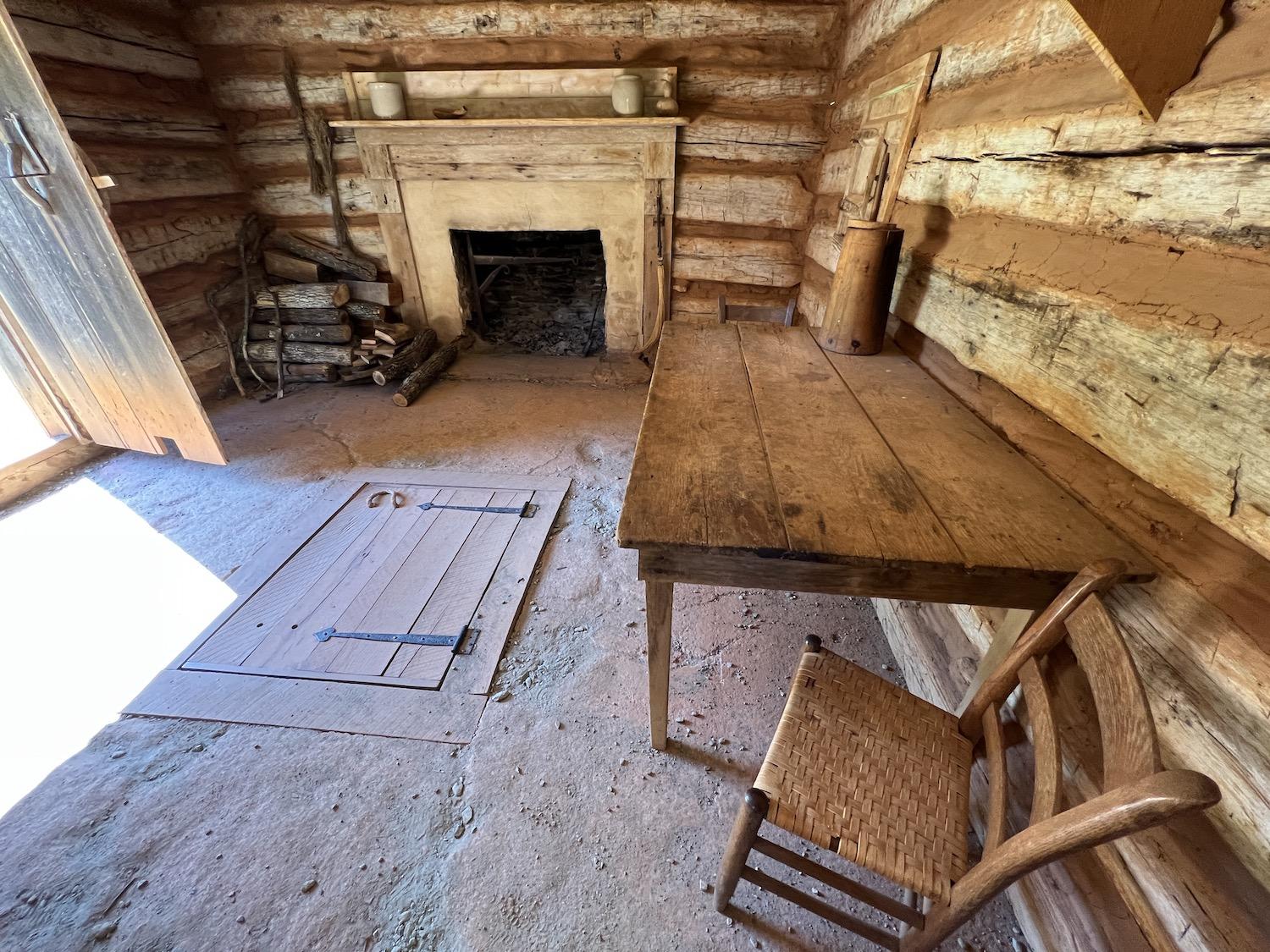 Inside a reconstruction of the kitchen cabin that Booker T. Washington lived in for his first nine years as an enslaved person.
