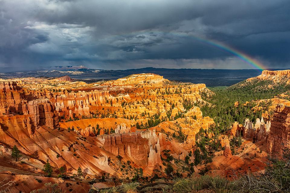 Monsoon rains and rainbow over Bryce Amphitheater, Bryce Canyon National Park / Rebecca Latson