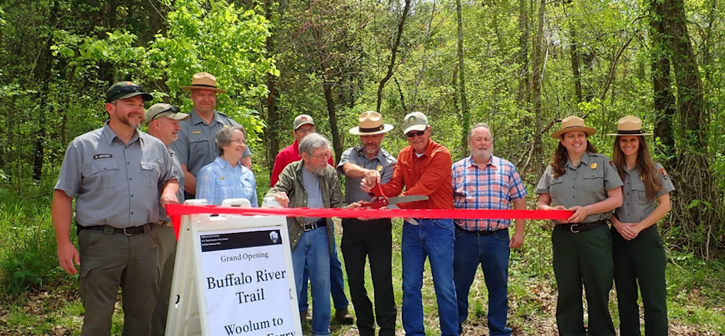 Members of the Ozark Society, Searcy County Chamber of Commerce, Ozark Highland Trail Association, and Buffalo National River Staff gathered for a ribbon cutting at the Grinders Ferry Buffalo River Trailhead on April 25, 2022/NPS