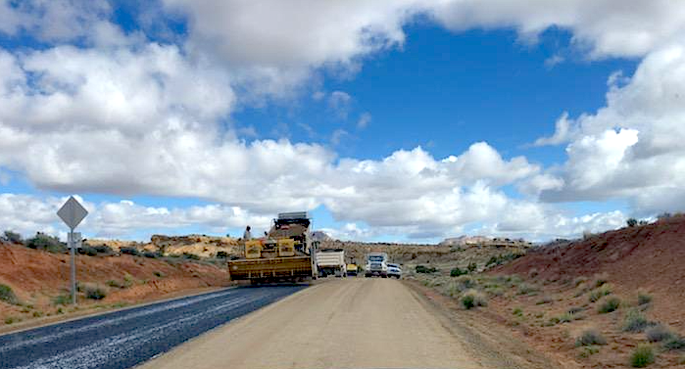 A portion of the Burr Trail is chip-sealed by road crews in Garfield County, Utah, east of Capitol Reef National Park, on Tuesday, April 30, 2019. Photo (c) Ray Bloxham/Southern Utah Wilderness Alliance. Re-use with attribution permitted.