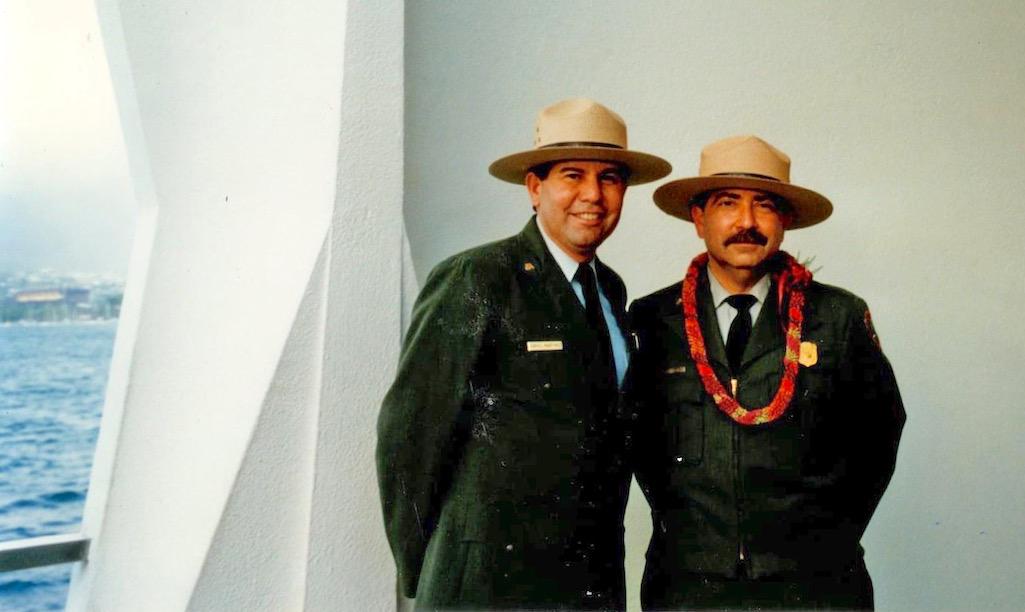 In one of his proudest moments, Harry (right) was invited to be the guest speaker on Memorial Day, 1995, at the USS Arizona Memorial in Pearl Harbor, Hawaii. It proved one of several such invitations. He is flanked by Chief Historian Daniel Martinez, with