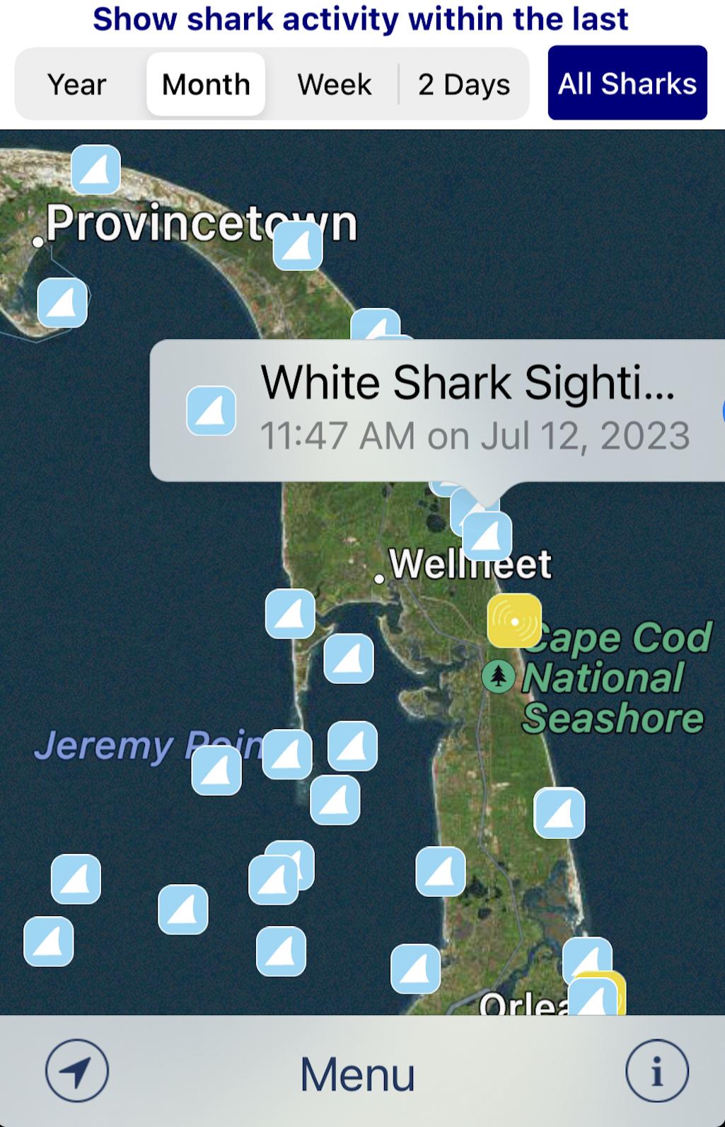 Recent shark activity around Cape Cod/Sharktivity app