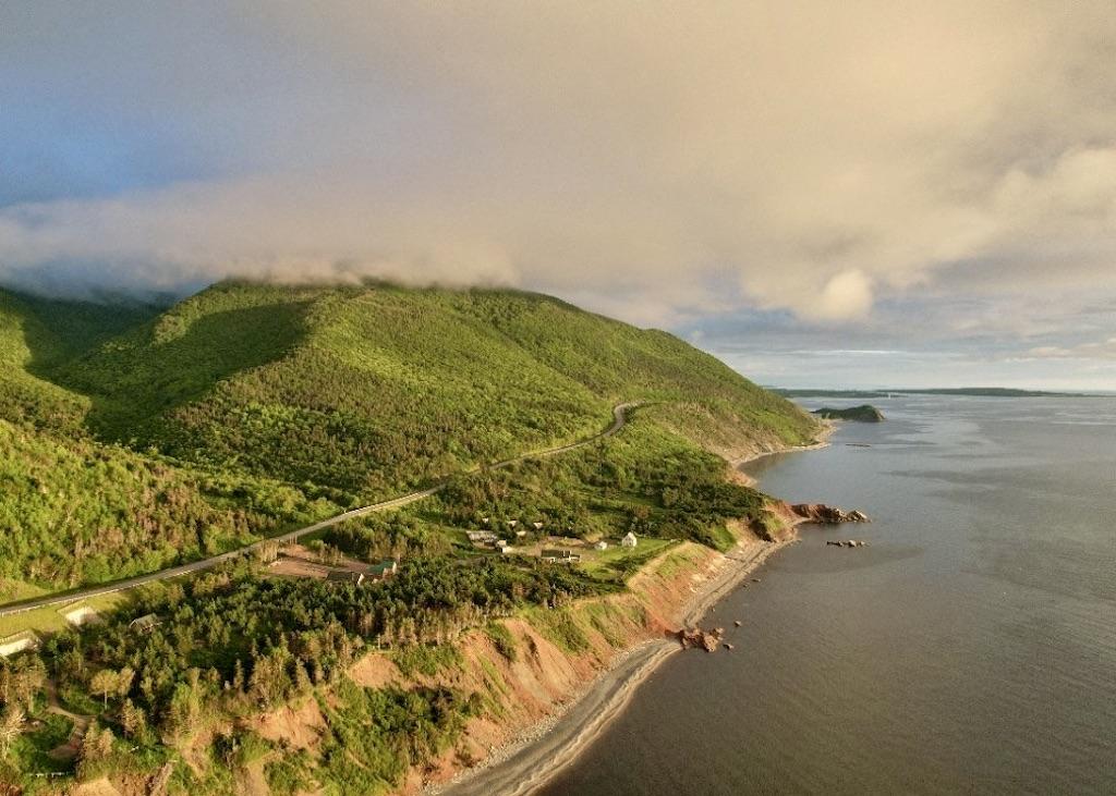 An aerial view of Cape Breton Highlands National Park on Cape Breton Island in Nova Scotia.