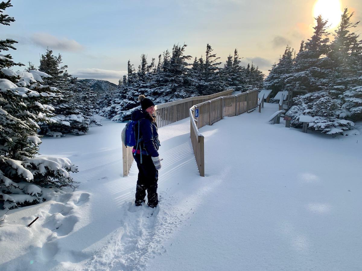 Parks Canada's Tammy Aucoin breaks a trail at the start of Skyline's boardwalk.