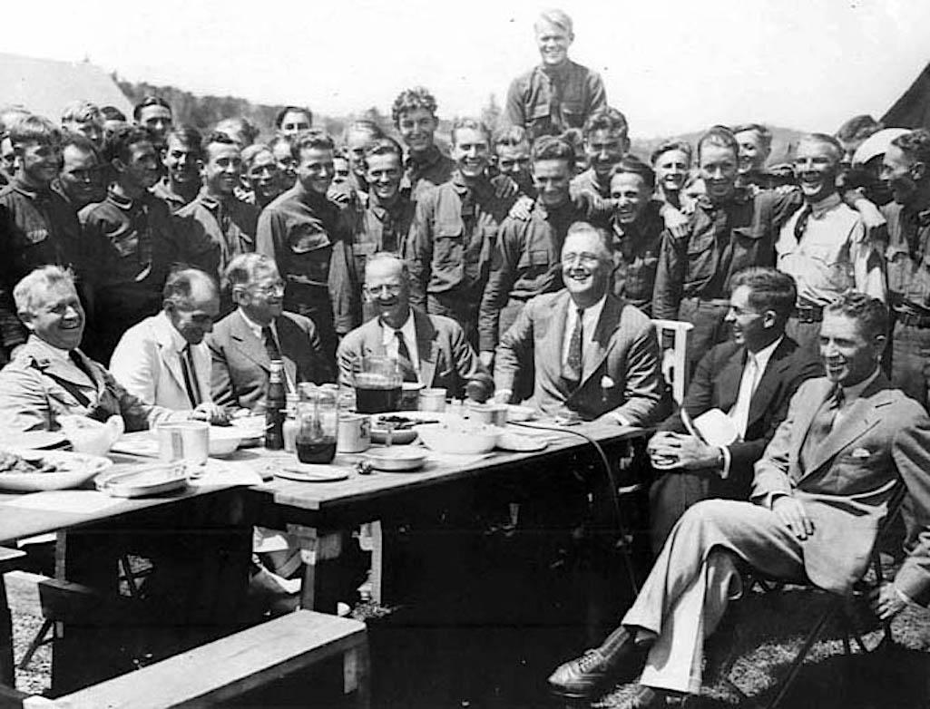 President Franklin Delano Roosevelt, Interior Secretary Harold Ickes, and others at Shenandoah National Park to celebrate the launch of the CCC/National Archives