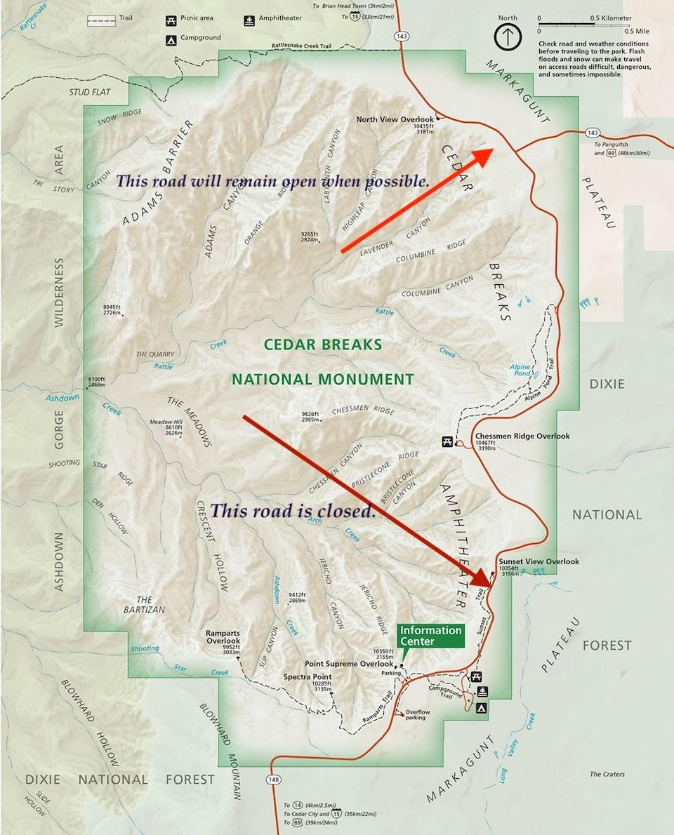 Winter access map for Cedar Breaks National Monument.