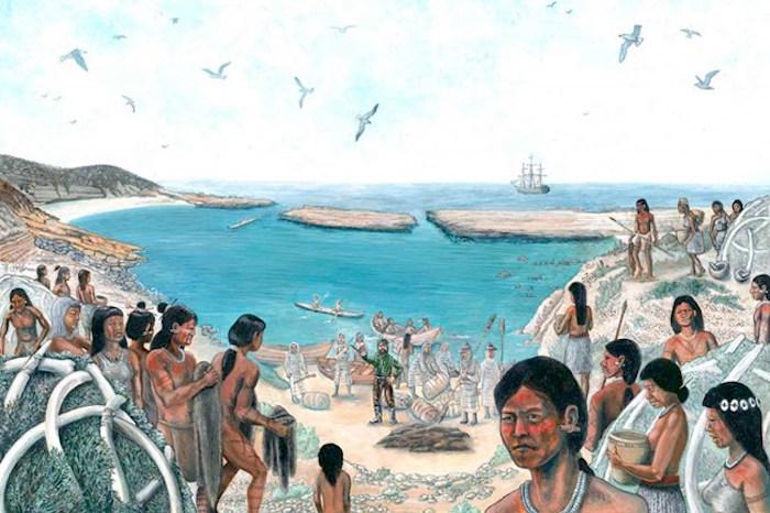 Artist’s impression of how it may have looked from the village site overlooking Coral Cove (Corral Harbor) when Russians and Alaska Natives were on the island hunting sea otters/Illustration by Michael Ward