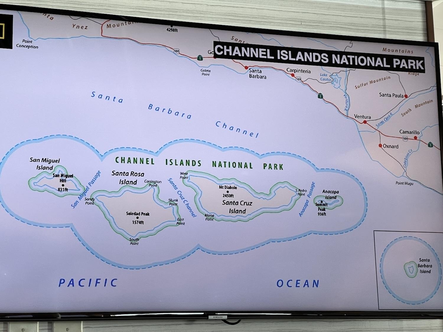 A map of Channel Islands National Park shows the five islands under the National Park Service care, and their proximity to Santa Barbara on the mainland.