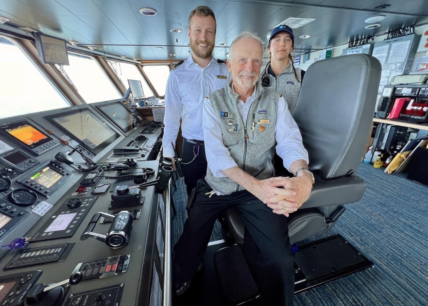 The National Geographic Quest has an open bridge policy so you can meet Third Mate Colby Brown, Captain Paul Figuenick and Deckhand Grace Welliver. 