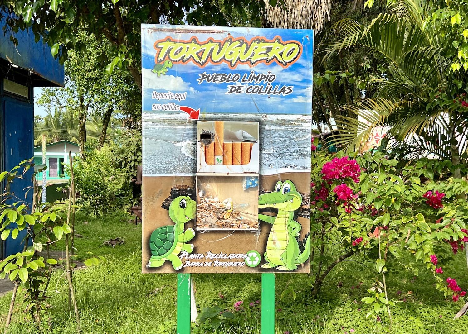 In the village of Tortuguero, smokers are asked to deposit cigarette butts in these containers.