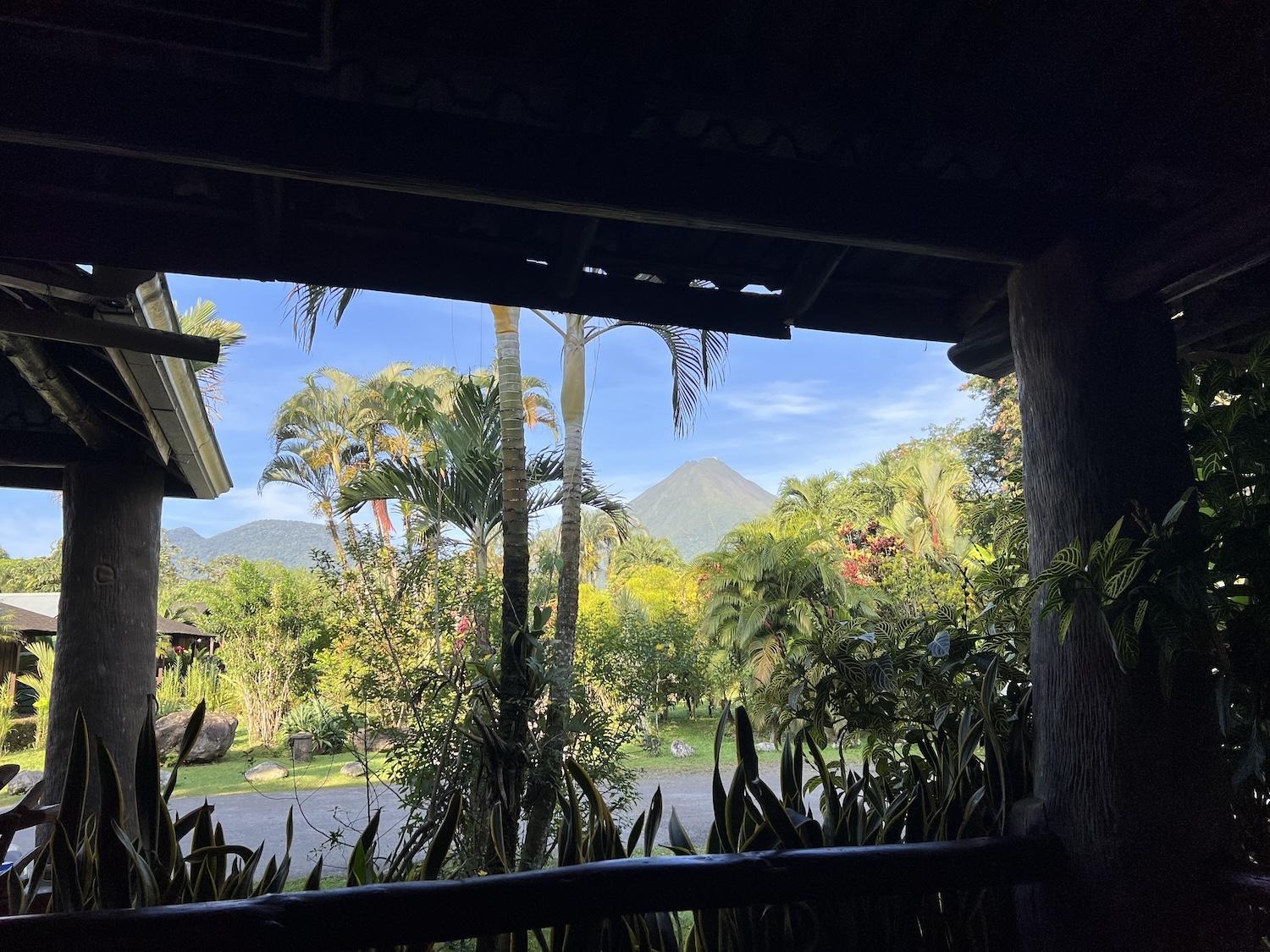 The Arenal Volcano looms over La Fortuna. It's shown here from the Arenal Montechiari Hotel.
