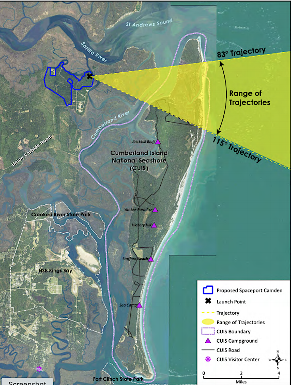 The draft EIS shows the launch trajectory cone that would take rockets over the northern half of the national seashore and Little Cumberland Island/FAA