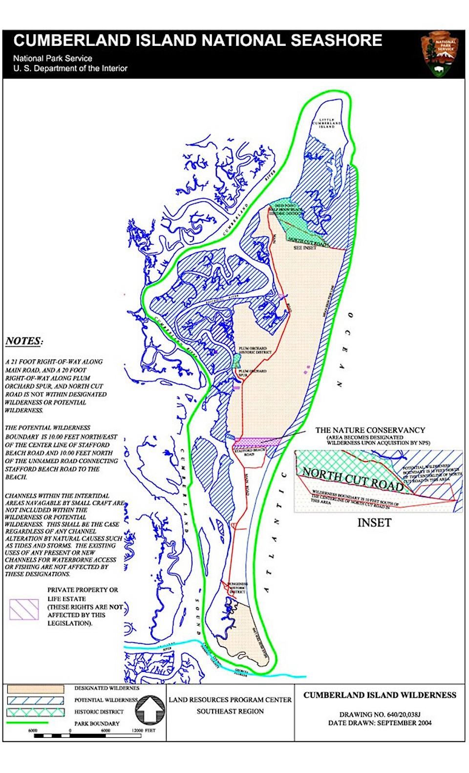 The northern half of Cumberland Island National Seashore is a mix of designated and potential wilderness/NPS graphic