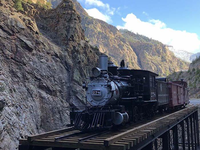 Engine 278, tender, box car, and caboose on historic truss bridge, Black Canyon of the Gunnison/NPS