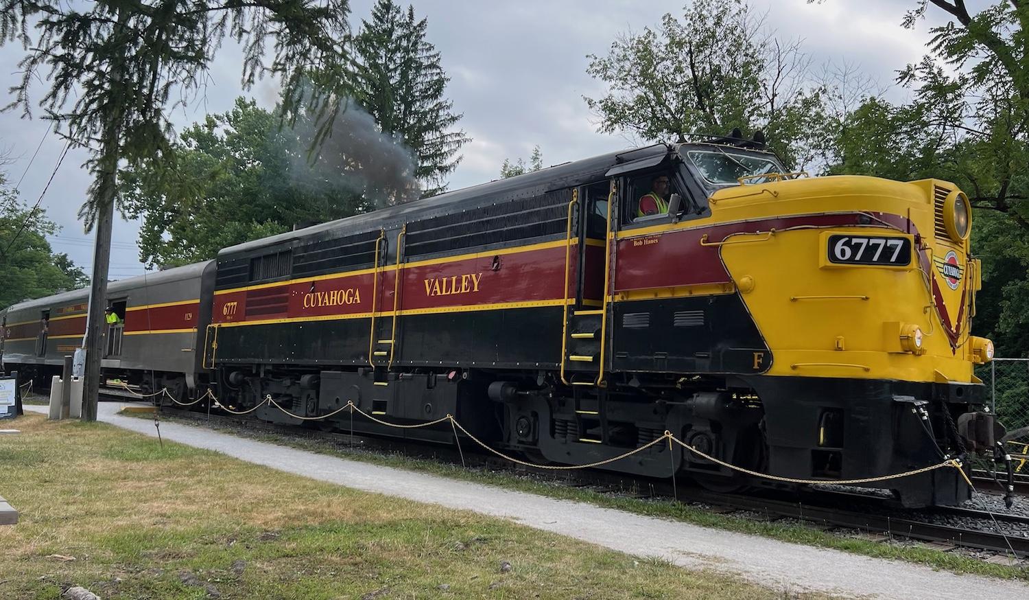 A diesel engine pulls the Cuyahoga Valley Scenic Railroad on the day of this story, while the historic steam locomotive was undergoing maintenance.