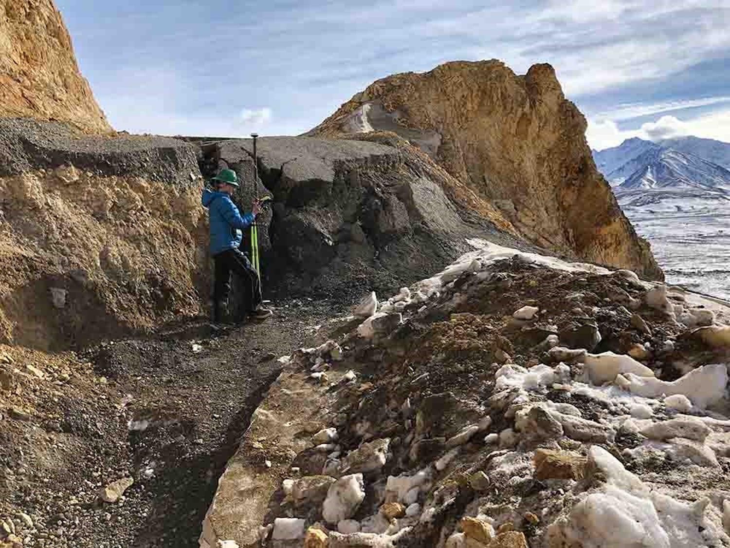 Denali staff collecting GPS data at the Pretty Rocks landslide near mile 45 of the Park Road on March 22, 2019. The survey rod she is holding is 6.5 feet tall, is placed near centerline of the road and shows the amount of displacement since September 14, 