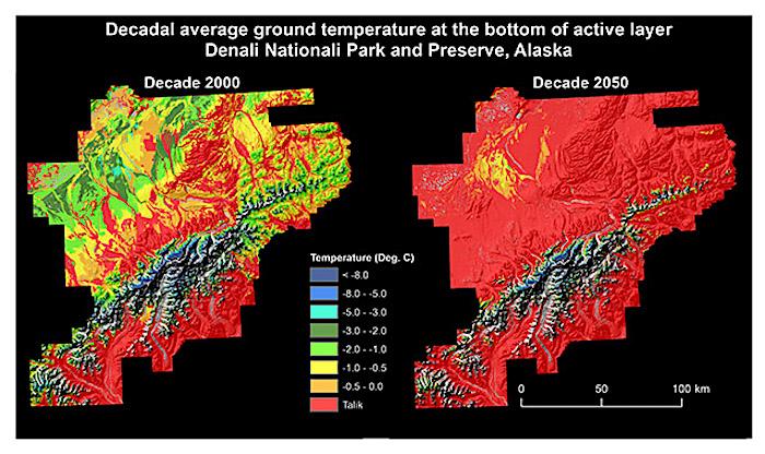he temperature values indicate presence of near-surface permafrost. The red color identifies areas with Talik (i.e., unfrozen ground above permafrost)/NPS