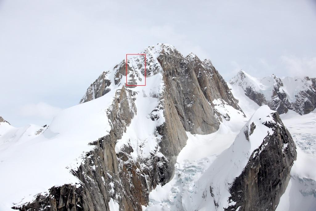 The West Ridge of Moose's Tooth, with the area where the climbers' tracks that led to a small avalanche area boxed in red/NPS
