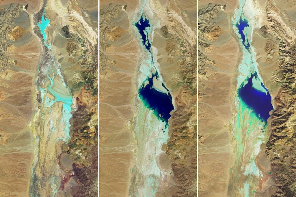 False-color satellite images of Badwater Basin in Death Valley National Park. The light blue areas are damp, and dark blue is standing water. From left to right, they are July 5, 2023 (before Hurricane Hilary), August 30, 2023 (ten days after Hurricane Hi