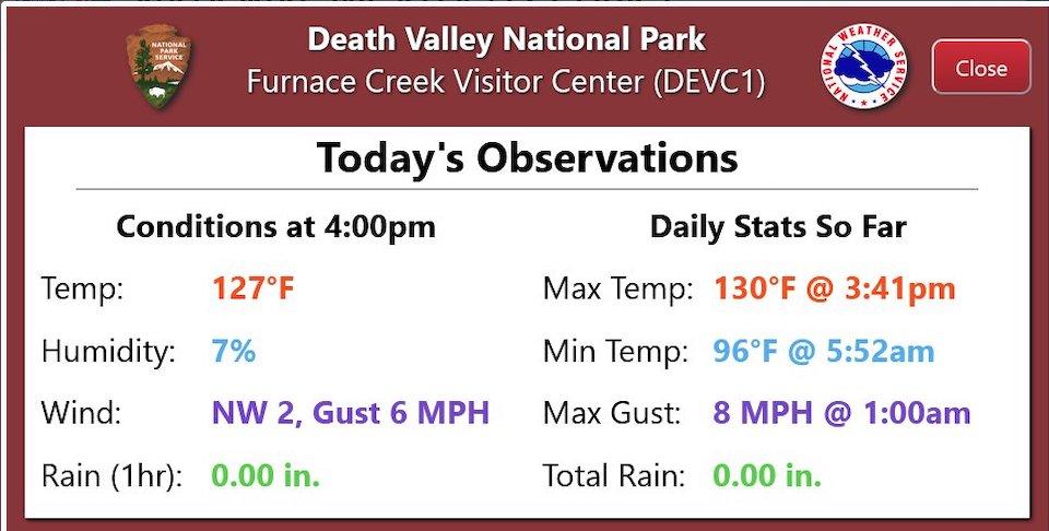 Death Valley recorded an unofficial high of 130 degrees on Sunday. If verified, it might represent the highest temperature recorded on Earth/NPS