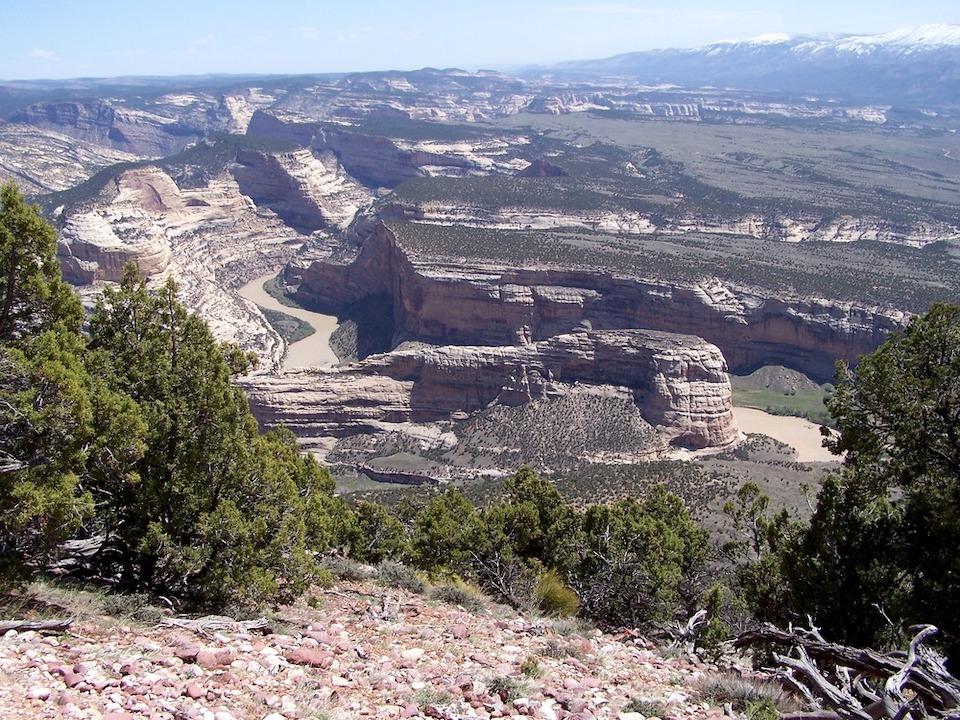 Steamboat Rock, at the confluence of the Green and Yampa rivers, from Harpers Corner in Dinosaur National Monument/NPS