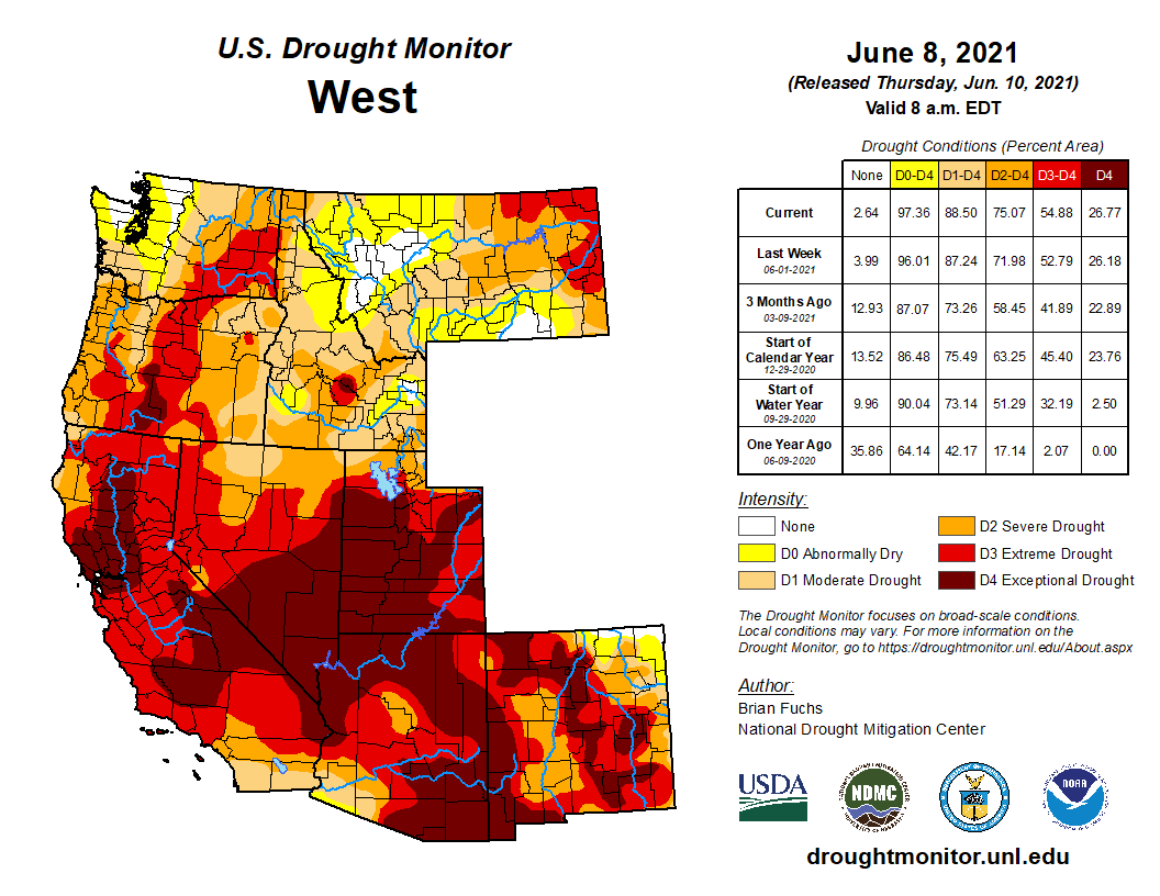 Western drought conditions as of June 10, 2021/U.S. Drought Monitor