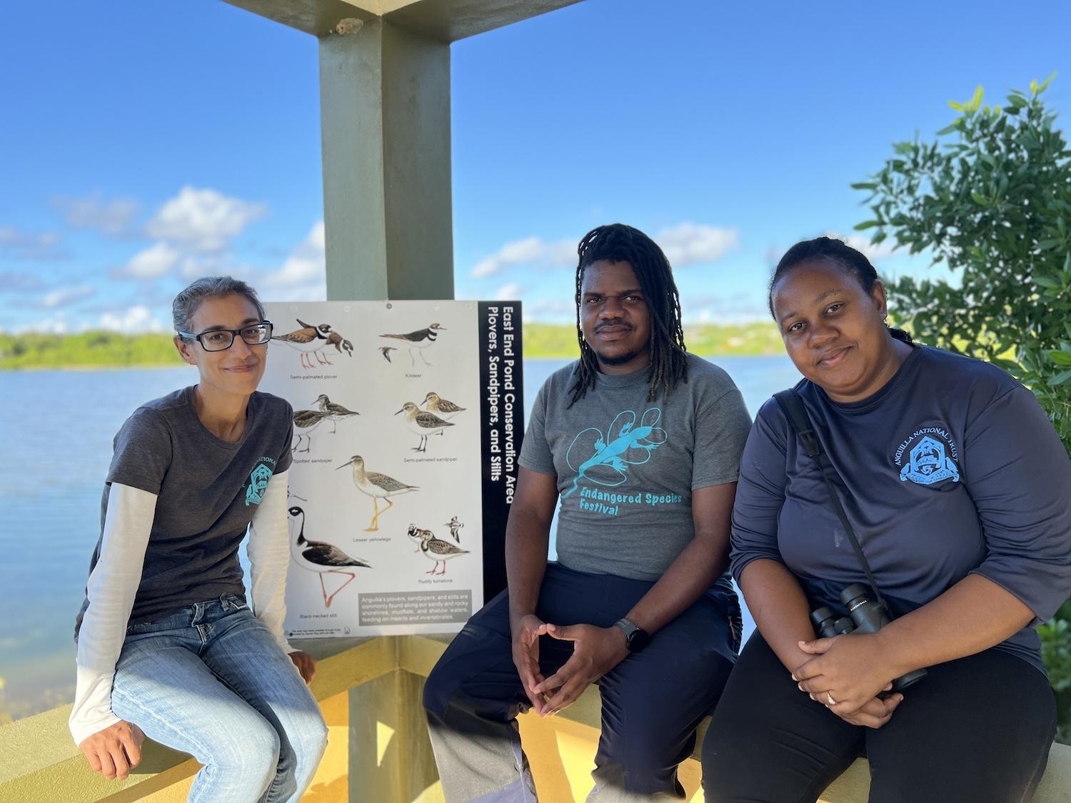 Farah Mukhida, Devon Carter and Clarissa Lloyd from the Anguilla National Trust are shown at the East End Pond Conservation Area.