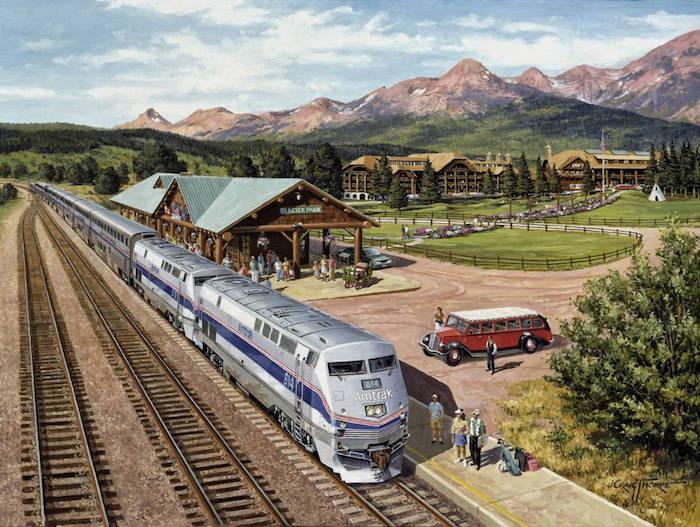 Serving Glacier National Park, Amtrak's Empire Builder, as depicted by J. Craig Thorpe, arrives East Glacier Park Station from Seattle, Washington. Permission of the artist