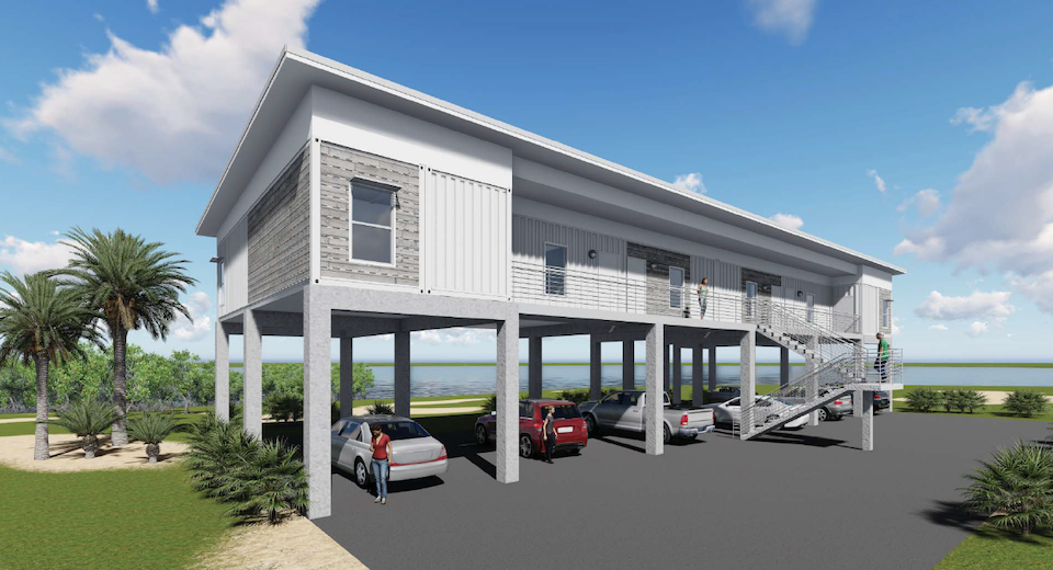 Repurposed shipping containers are to be used to build elevated cottages at Flamingo/Gates, Inc. artist's rendering
