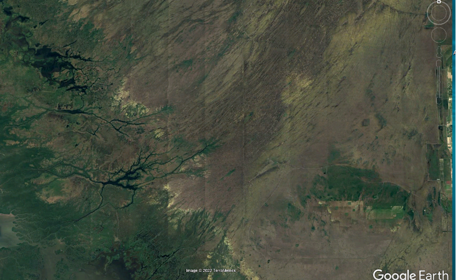 Satellite view of the Everglades ridge and slough 