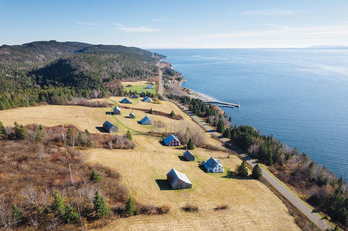 An aerial view of the Grande-Grave Heritage Sector of Forillon National Park in Quebec.