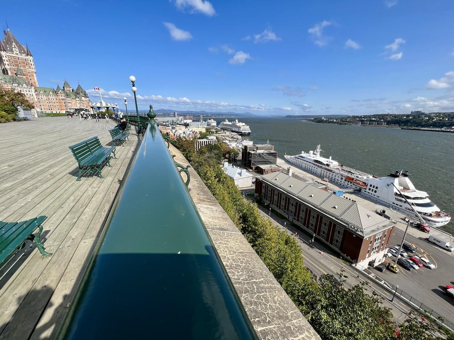 Looking down from Dufferin Terrace to the cruise port in Quebec City, you can see Windstar's Star Pride.