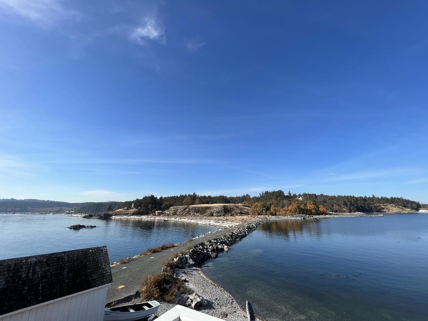Looking over the causeway from the Fisgard Lighthouse, you can see how the British disguised the existence of Fort Rodd Hill when it was a military fortress.