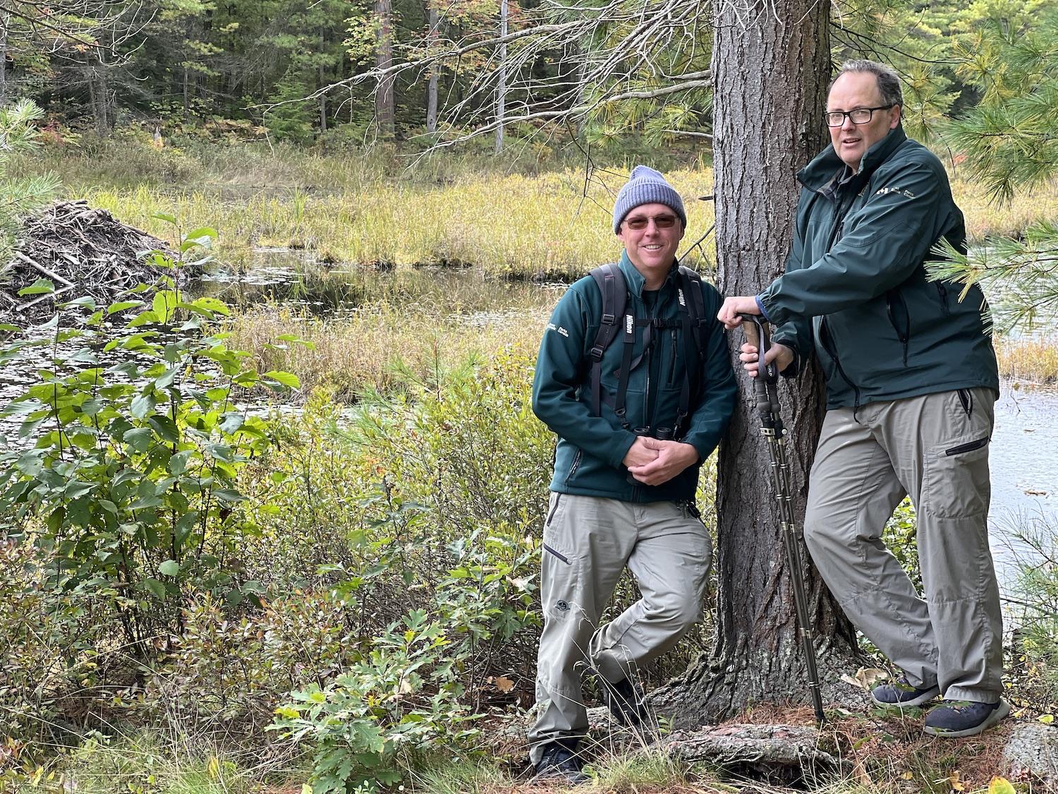 Parks Canada's Mike Lavin, left, and Andrew Promaine, right, stand along the Massasauga Trail at a wetland with a beaver house.