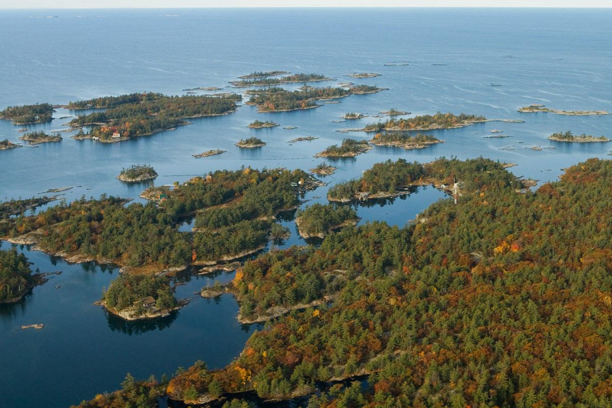 An aerial shot of some of the northern islands of Georgian Bay Islands National Park.