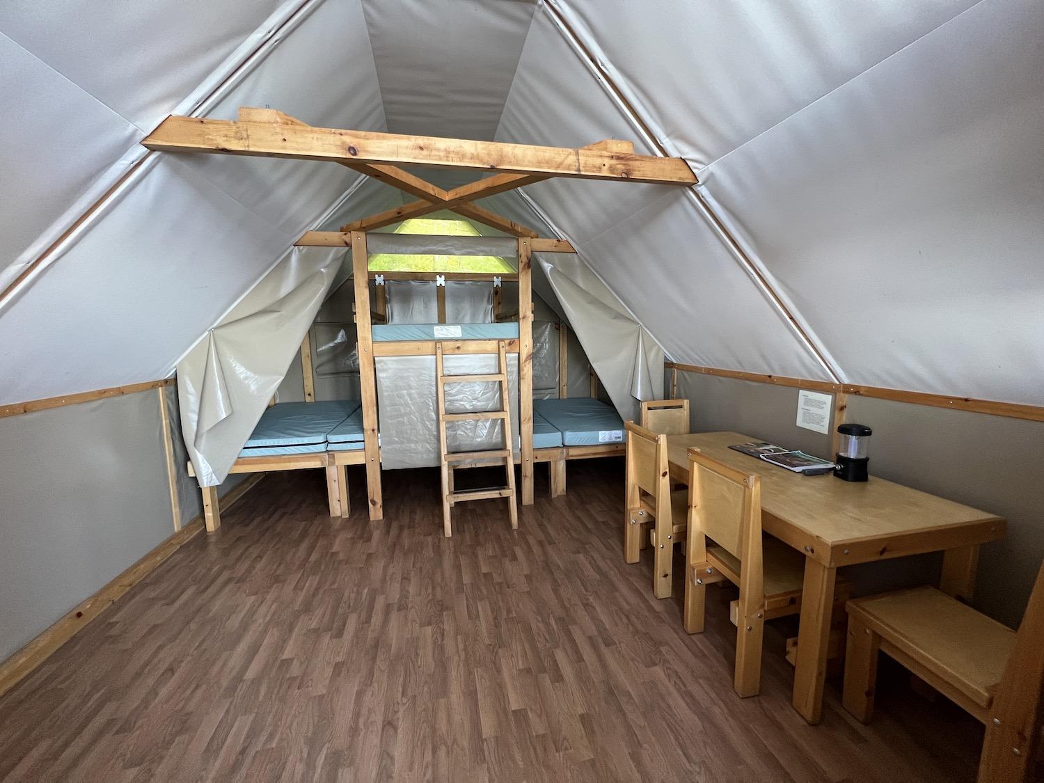 Inside my oTENTik, a form of roofed accommodation at Parks Canada sites.