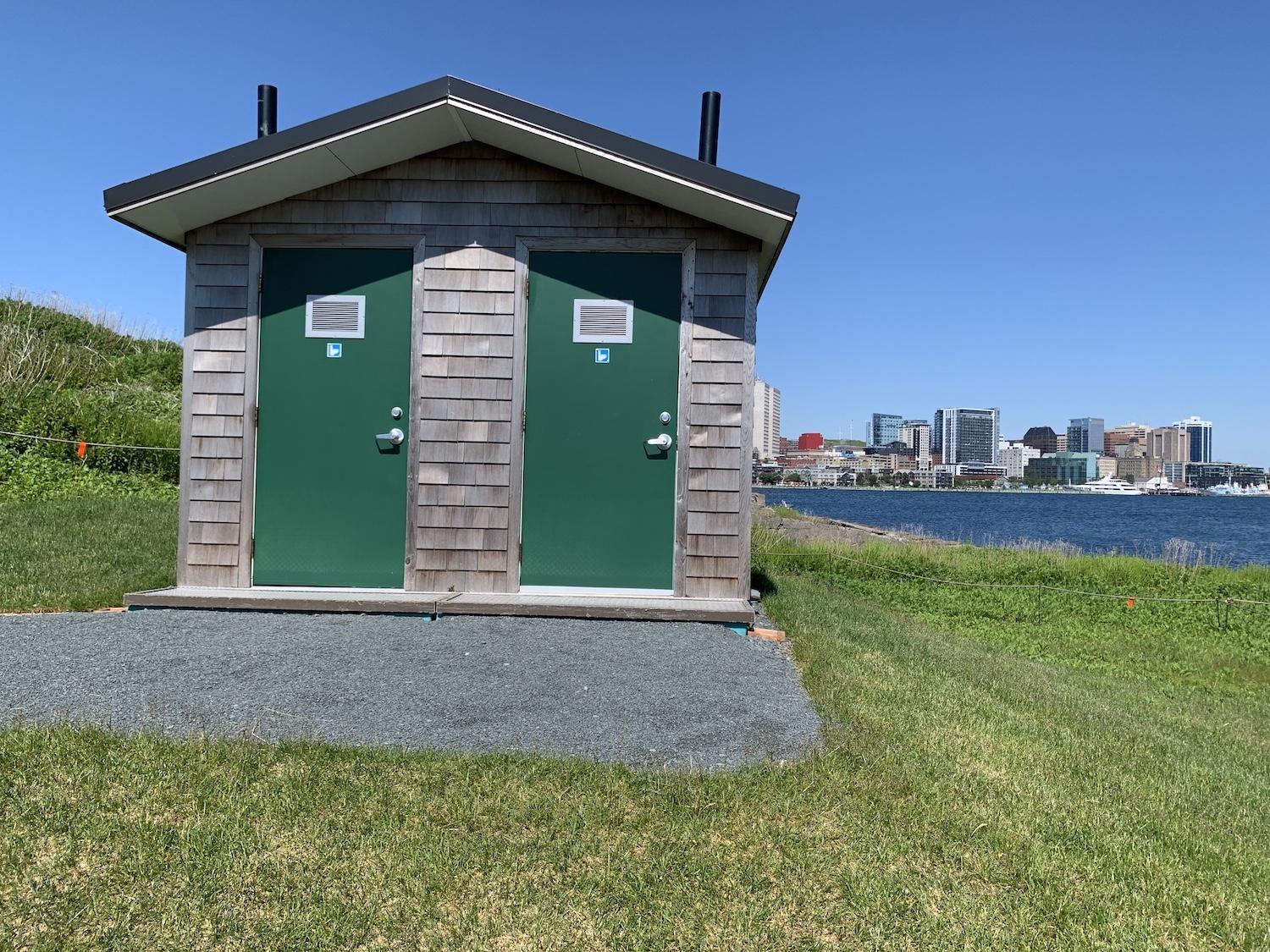 Loos with an urban view at Georges Island National Historic Site in Halifax.