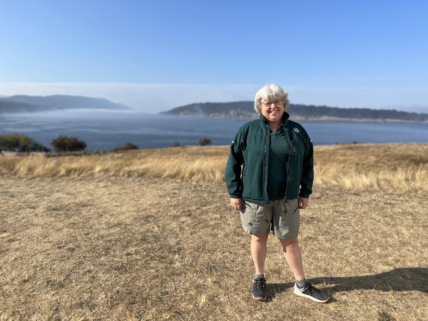 Parks Canada interpreter Athena George is promoting land-based whale watching on Saturna Island.